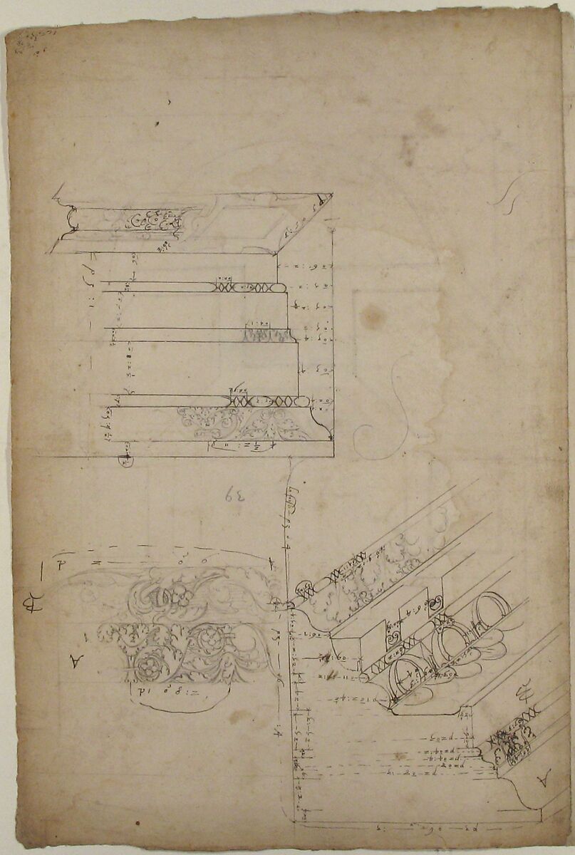 Unidentified, cornice, projection; architrave, projection (recto) Unidentified, ceiling, plan (verso), Drawn by Anonymous, French, 16th century, Dark brown ink, black chalk, and incised lines
