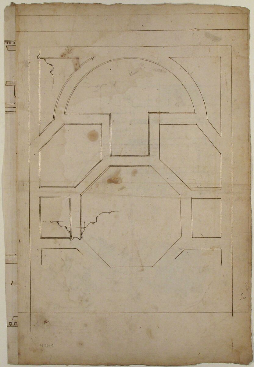 Unidentified, cornice, projection; architrave, projection (recto) Unidentified, ceiling, plan (verso), Drawn by Anonymous, French, 16th century, Dark brown ink, black chalk, and incised lines