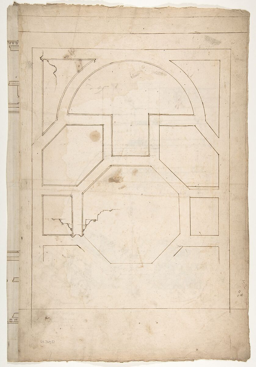 Unidentified, cornice, projection; architrave, projection (recto) Unidentified, ceiling, plan (verso), Drawn by Anonymous, French, 16th century, Dark brown ink, black chalk, and incised lines