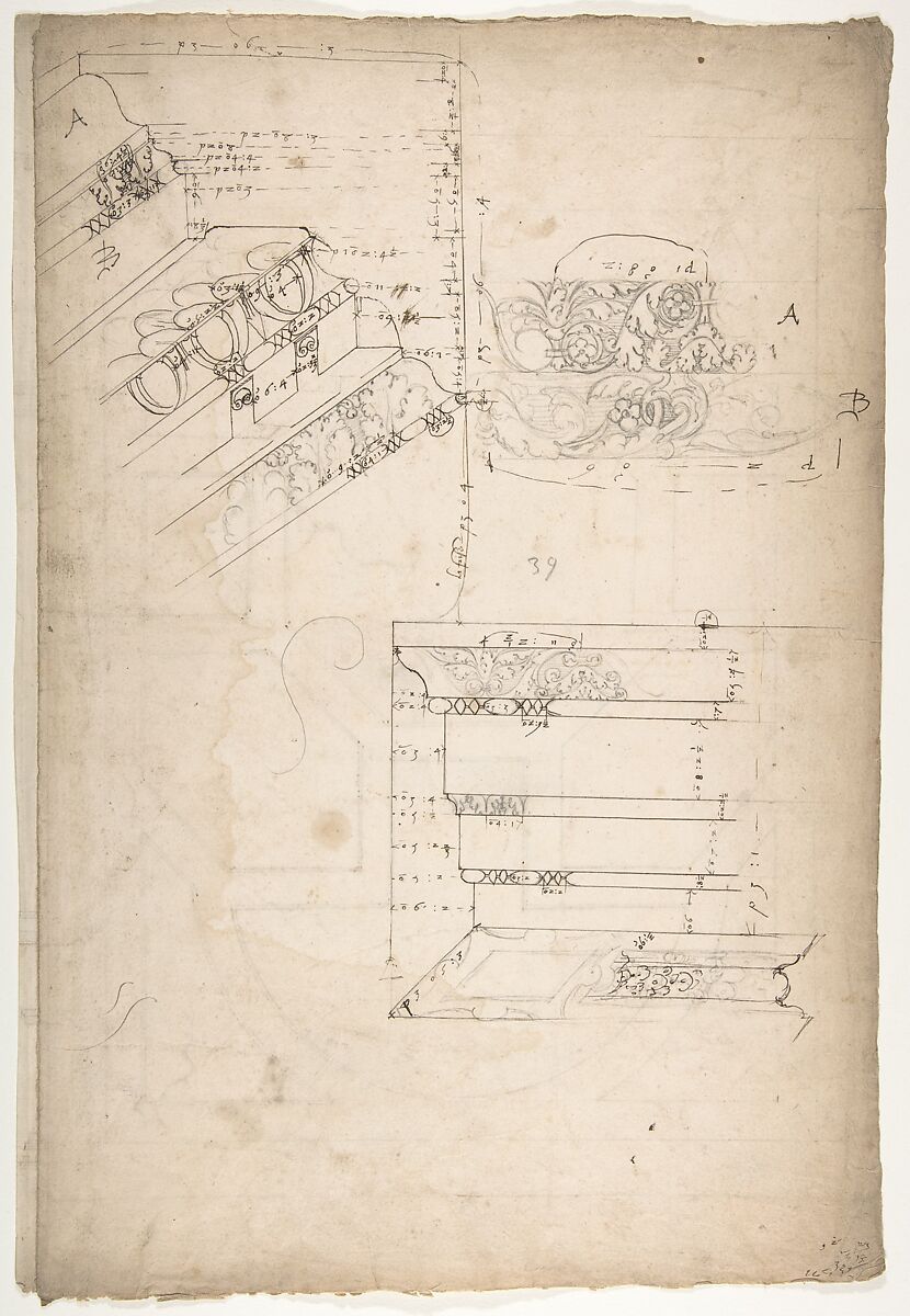 Unidentified, cornice, projection; architrave, projection (recto) Unidentified, ceiling, plan (verso), Drawn by Anonymous, French, 16th century, Dark brown ink, black chalk, and incised lines 