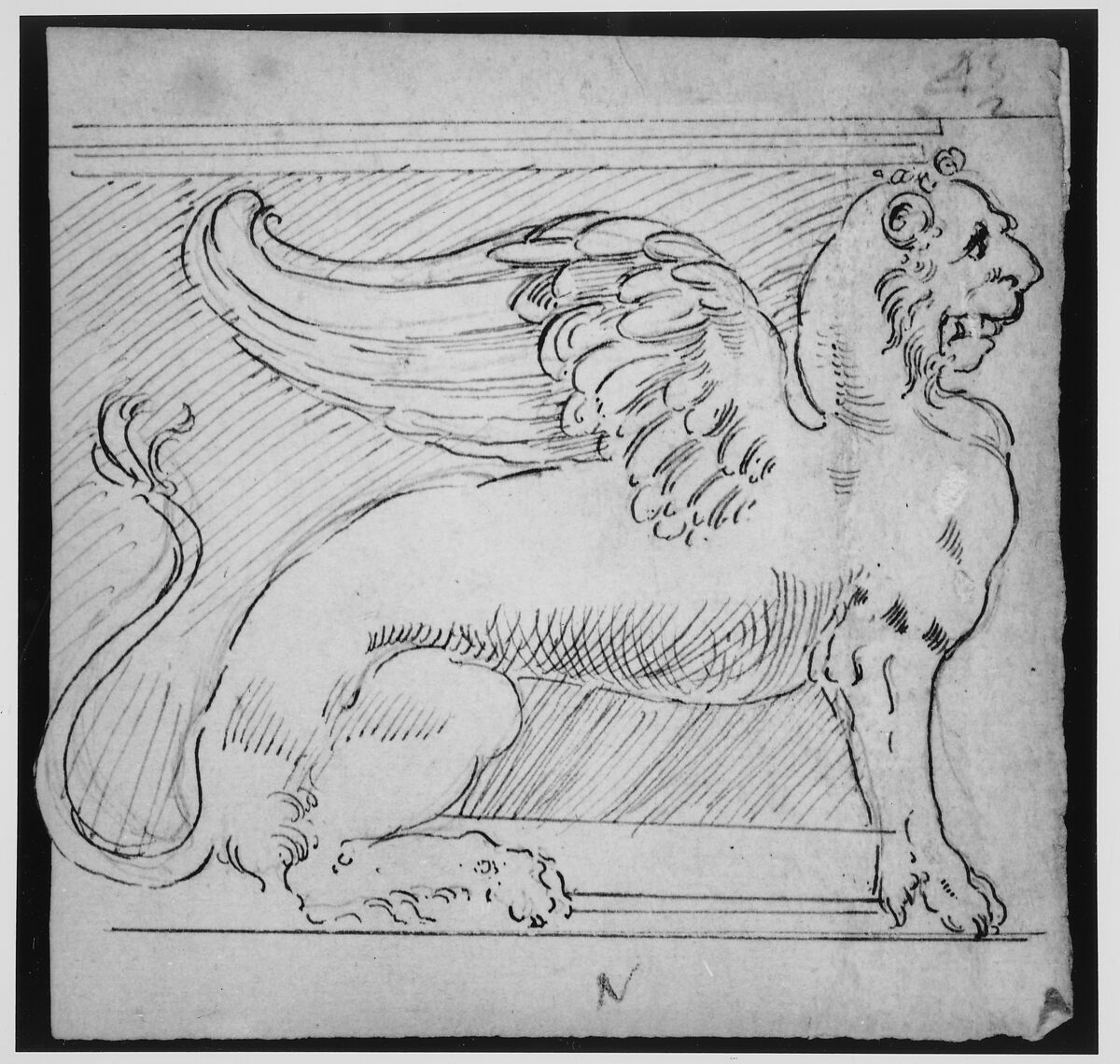 Unidentified, furniture support with winged lion motif, elevation, Drawn by Anonymous, French, 16th century, Dark brown ink, black chalk, and incised lines