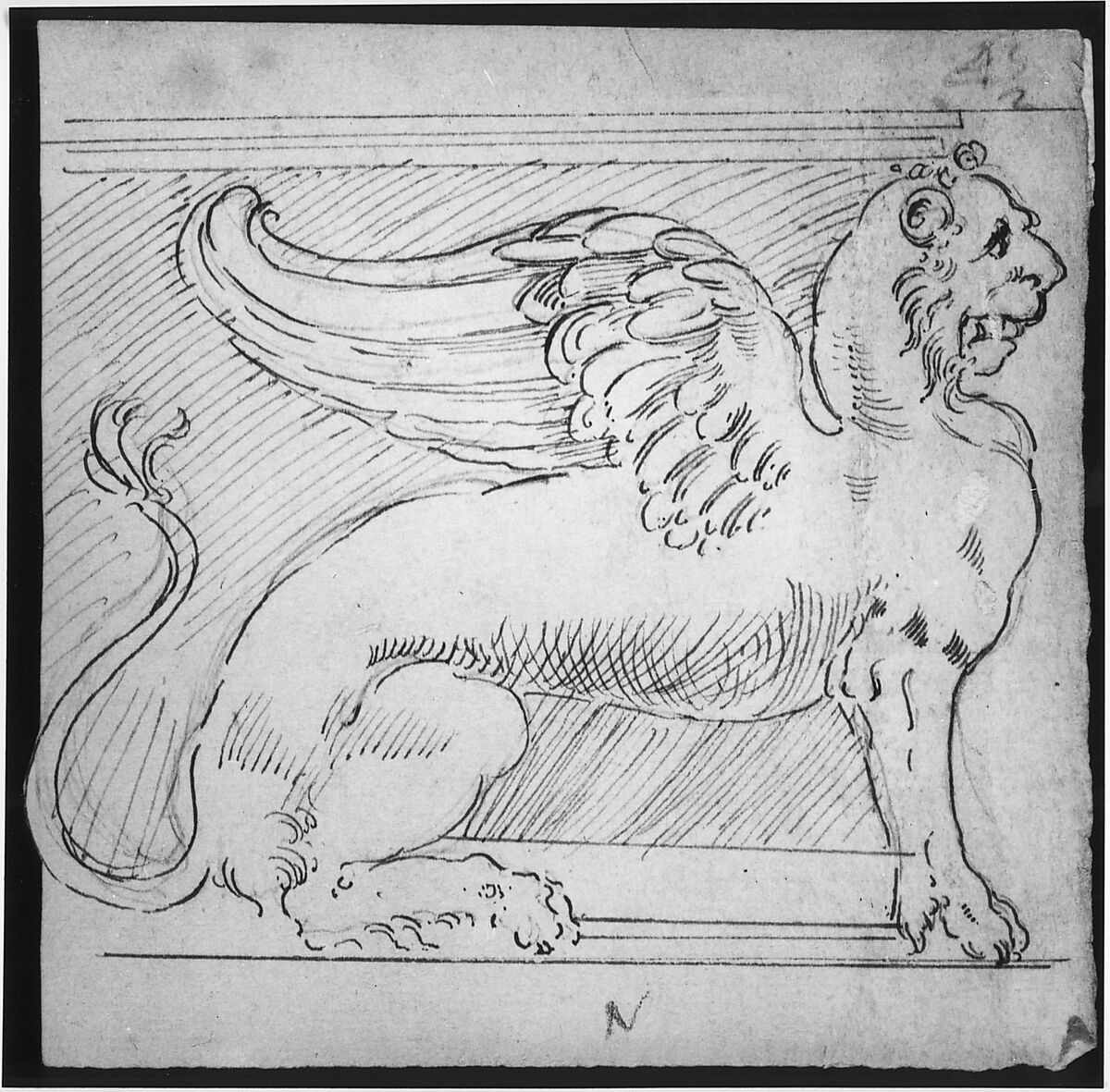 Unidentified, furniture support with winged lion motif, elevation, Drawn by Anonymous, French, 16th century, Dark brown ink, black chalk, and incised lines
