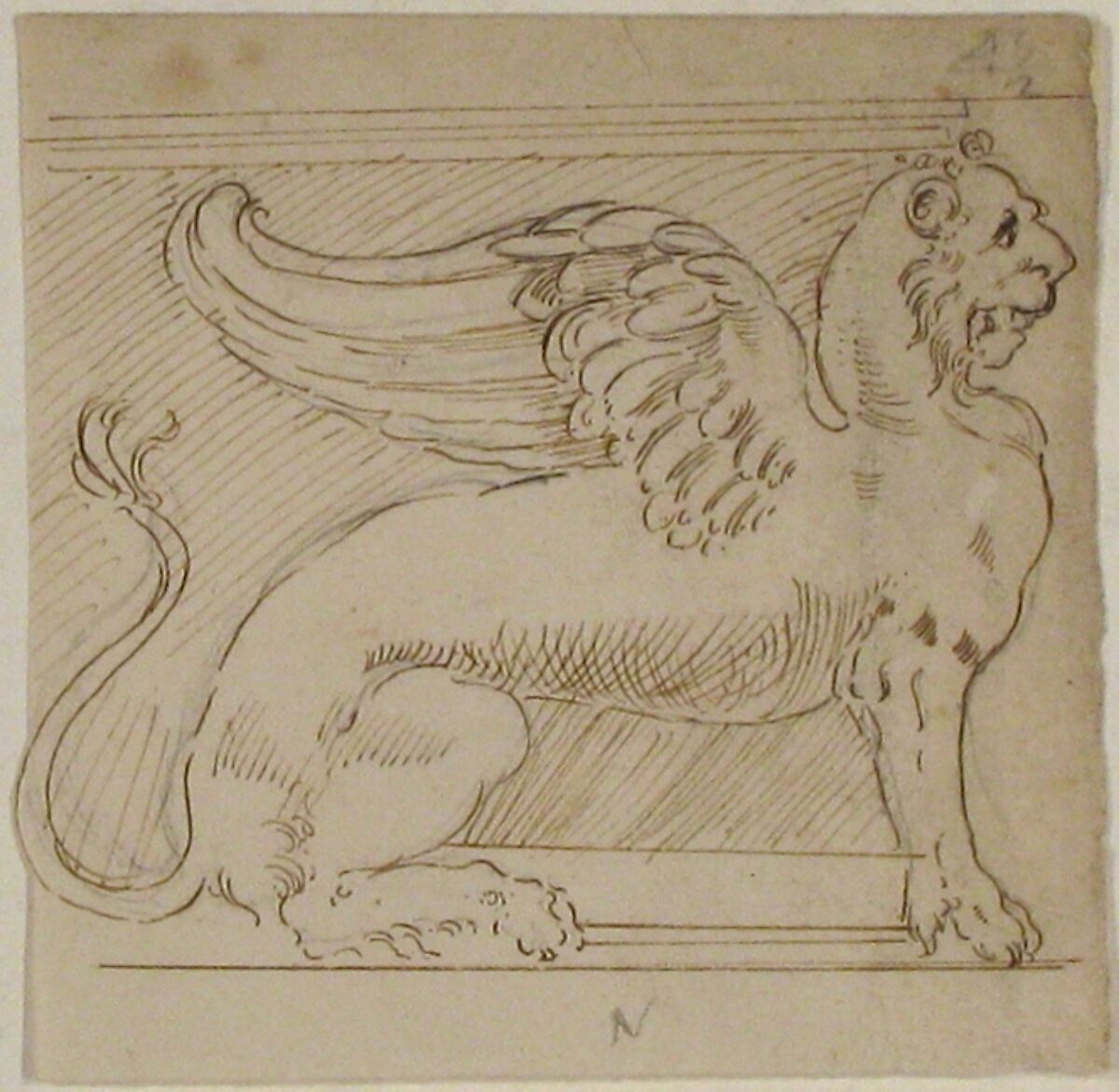 Unidentified, furniture support with winged lion motif, elevation, Drawn by Anonymous, French, 16th century, Dark brown ink, black chalk, and incised lines