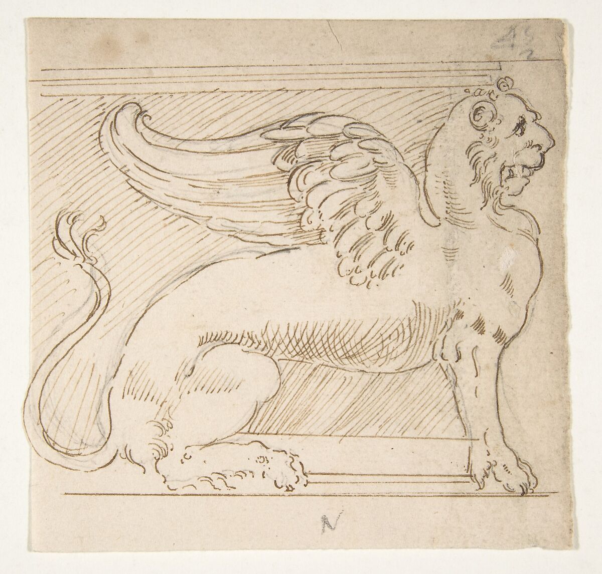 Unidentified, furniture support with winged lion motif, elevation, Drawn by Anonymous, French, 16th century, Dark brown ink, black chalk, and incised lines 