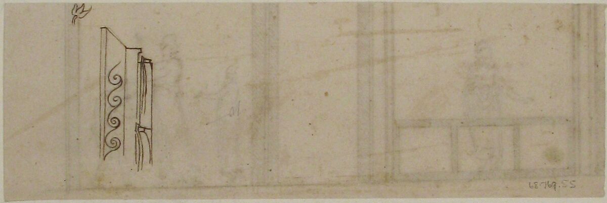 Unidentified building, ceiling or wall, painted frieze or decorative panels (recto) Unidentified building, cornice (verso), Drawn by Anonymous, French, 16th century, Dark brown ink, black chalk, and incised lines
