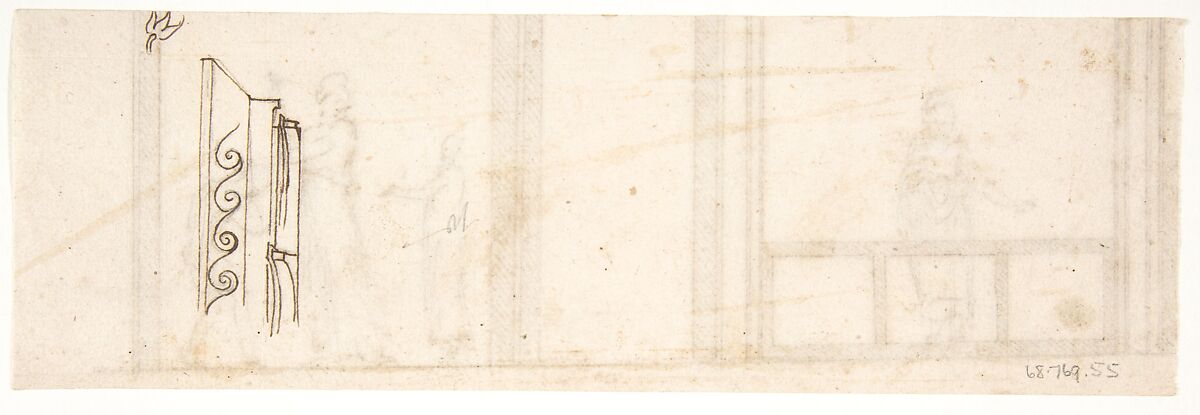 Unidentified building, ceiling or wall, painted frieze or decorative panels (recto) Unidentified building, cornice (verso), Drawn by Anonymous, French, 16th century, Dark brown ink, black chalk, and incised lines