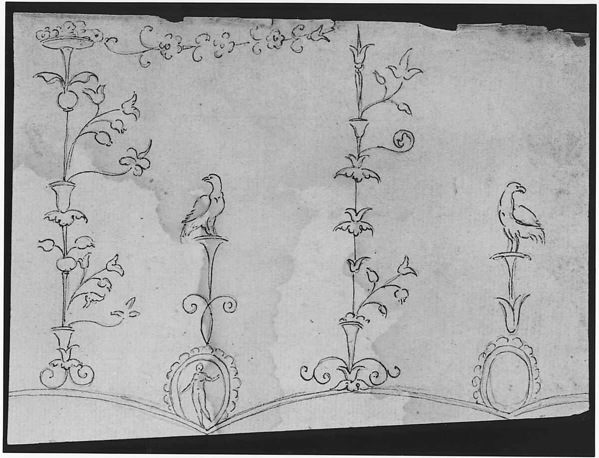 Domus Aurea, unidentified, grotteschi, details (recto) blank (verso), Drawn by Anonymous, French, 16th century, Dark brown ink, black chalk, and incised lines