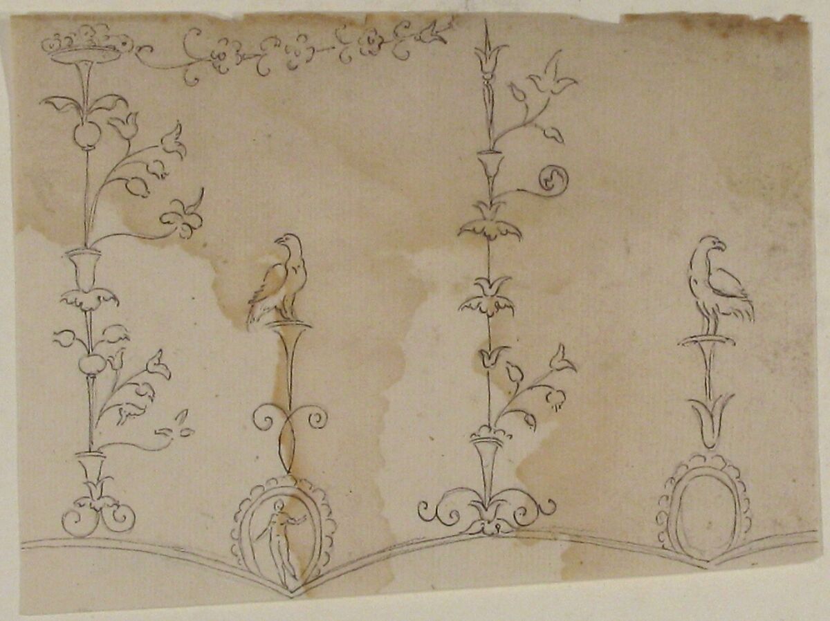 Domus Aurea, unidentified, grotteschi, details (recto) blank (verso), Drawn by Anonymous, French, 16th century, Dark brown ink, black chalk, and incised lines