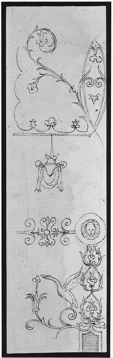 Domus Aurea, unidentified, grotteschi, details (recto) blank (verso), Drawn by Anonymous, French, 16th century, Dark brown ink, black chalk, and incised lines