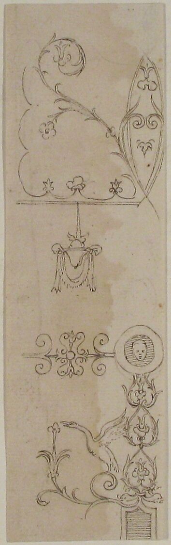 Domus Aurea, unidentified, grotteschi, details (recto) blank (verso), Drawn by Anonymous, French, 16th century, Dark brown ink, black chalk, and incised lines