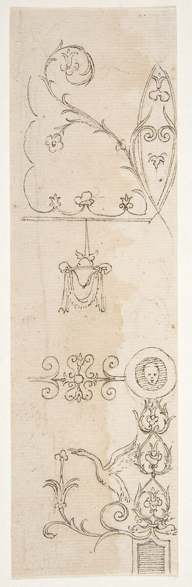 Domus Aurea, unidentified, grotteschi, details (recto) blank (verso), Drawn by Anonymous, French, 16th century, Dark brown ink, black chalk, and incised lines 