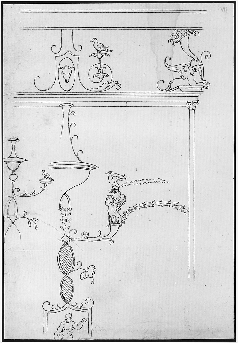 Domus Aurea, unidentified, grotteschi, details (recto) blank (verso), Drawn by Anonymous, French, 16th century, Dark brown ink, black chalk, and incised lines