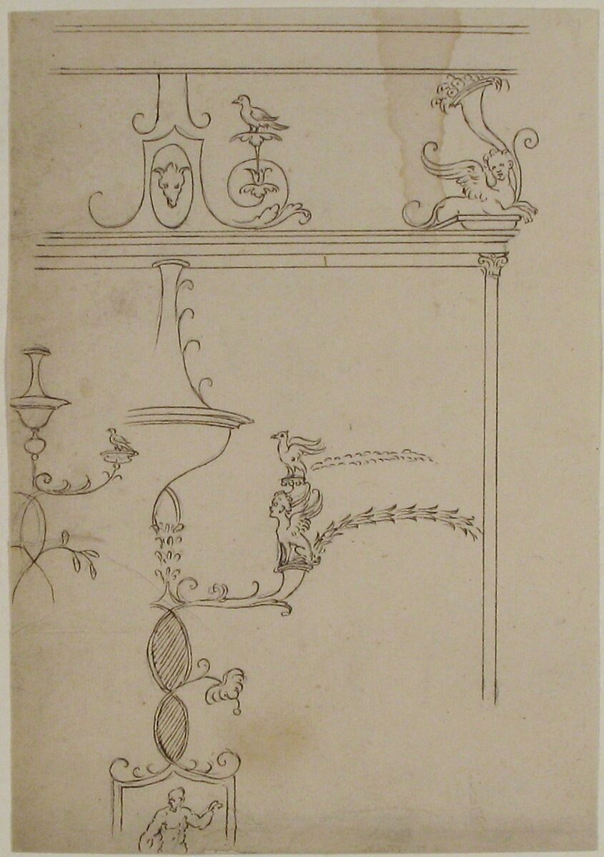 Domus Aurea, unidentified, grotteschi, details (recto) blank (verso), Drawn by Anonymous, French, 16th century, Dark brown ink, black chalk, and incised lines