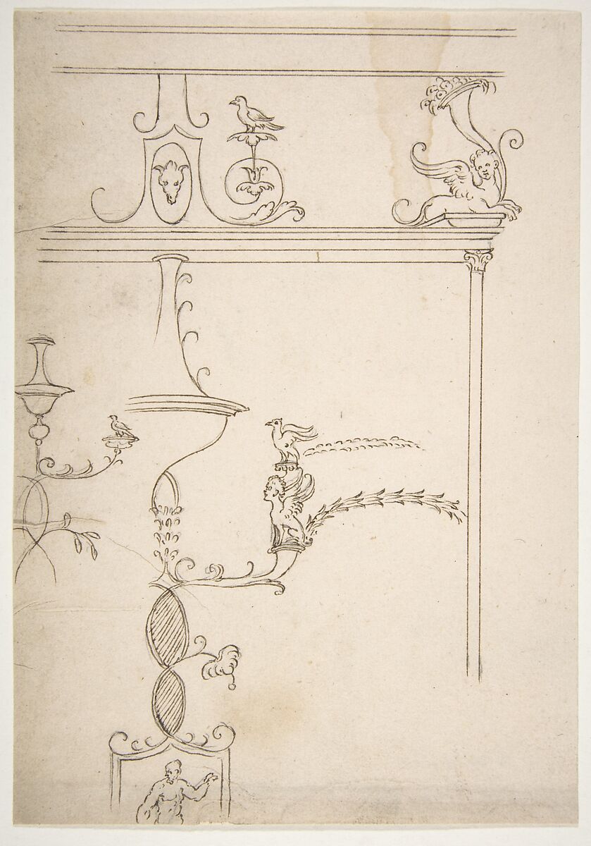 Domus Aurea, unidentified, grotteschi, details (recto) blank (verso), Drawn by Anonymous, French, 16th century, Dark brown ink, black chalk, and incised lines 