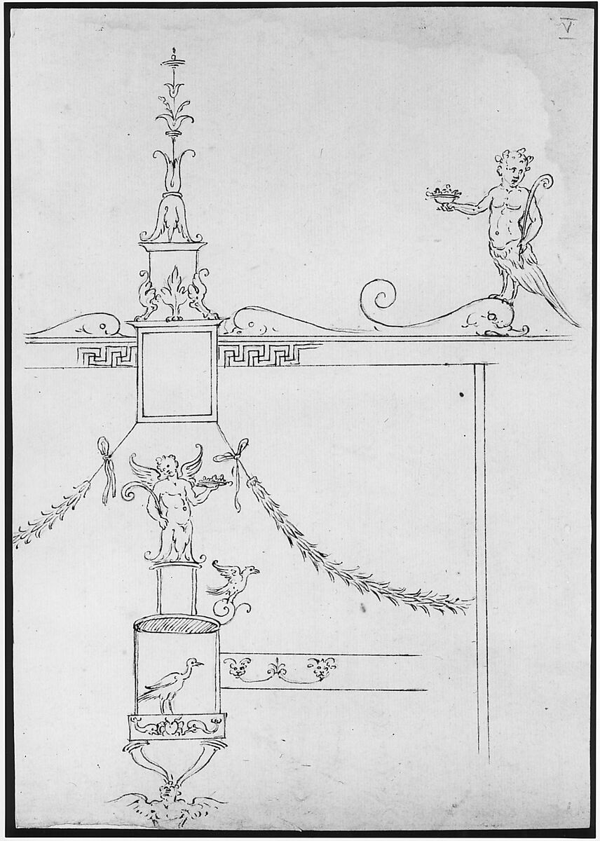 Domus Aurea, cryptoporticus, grotteschi, details (recto) blank (verso), Drawn by Anonymous, French, 16th century, Dark brown ink, black chalk, and incised lines