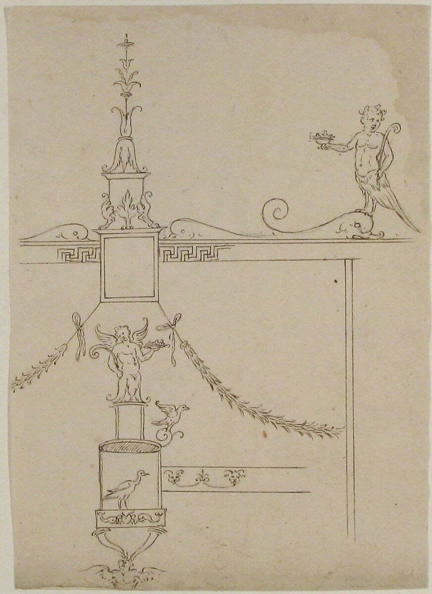 Domus Aurea, cryptoporticus, grotteschi, details (recto) blank (verso), Drawn by Anonymous, French, 16th century, Dark brown ink, black chalk, and incised lines