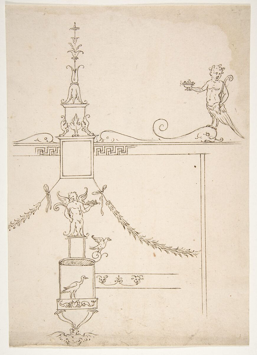 Domus Aurea, cryptoporticus, grotteschi, details (recto) blank (verso), Drawn by Anonymous, French, 16th century, Dark brown ink, black chalk, and incised lines 