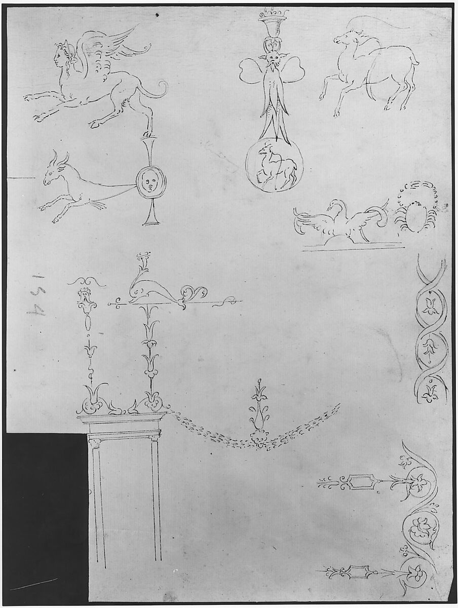 Domus Aurea, cryptoporticus, grotteschi, details (recto) blank (verso), Drawn by Anonymous, French, 16th century, Dark brown ink, black chalk, and incised lines
