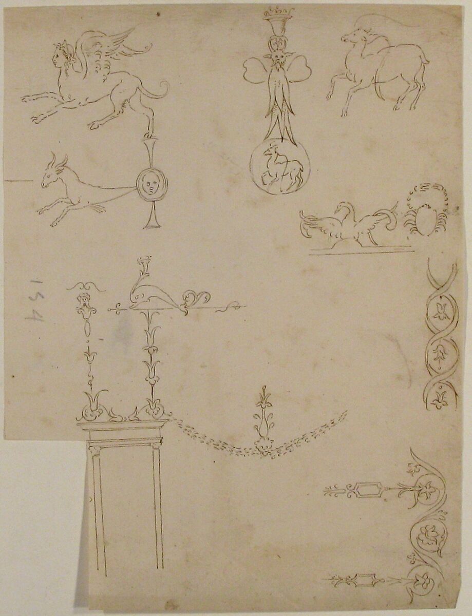 Domus Aurea, cryptoporticus, grotteschi, details (recto) blank (verso), Drawn by Anonymous, French, 16th century, Dark brown ink, black chalk, and incised lines