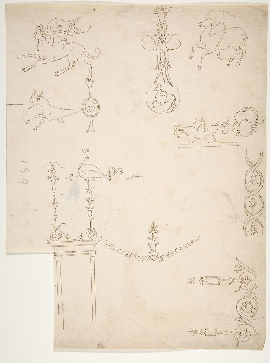 Domus Aurea, cryptoporticus, grotteschi, details (recto) blank (verso), Drawn by Anonymous, French, 16th century, Dark brown ink, black chalk, and incised lines 