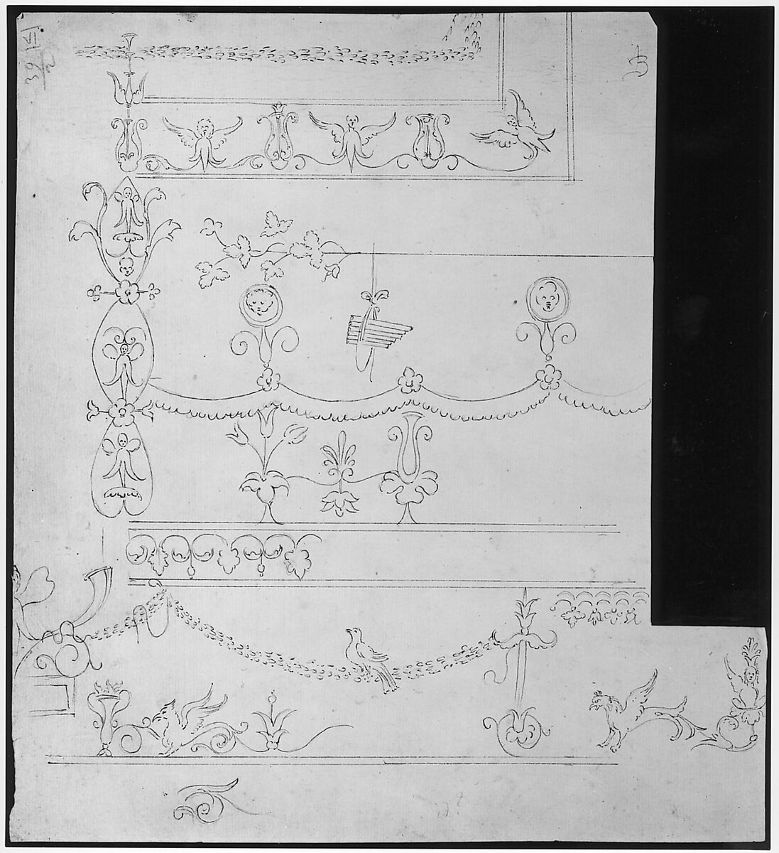 Domus Aurea, cryptoporticus, grostteschi, details (recto) blank (verso), Drawn by Anonymous, French, 16th century, Dark brown ink, black chalk, and incised lines