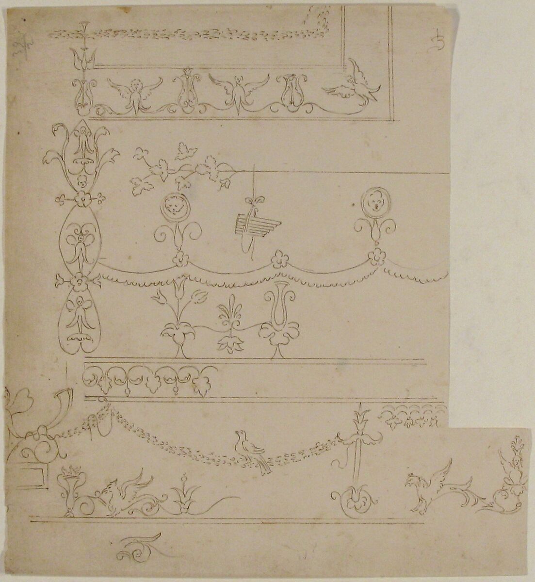 Domus Aurea, cryptoporticus, grostteschi, details (recto) blank (verso), Drawn by Anonymous, French, 16th century, Dark brown ink, black chalk, and incised lines