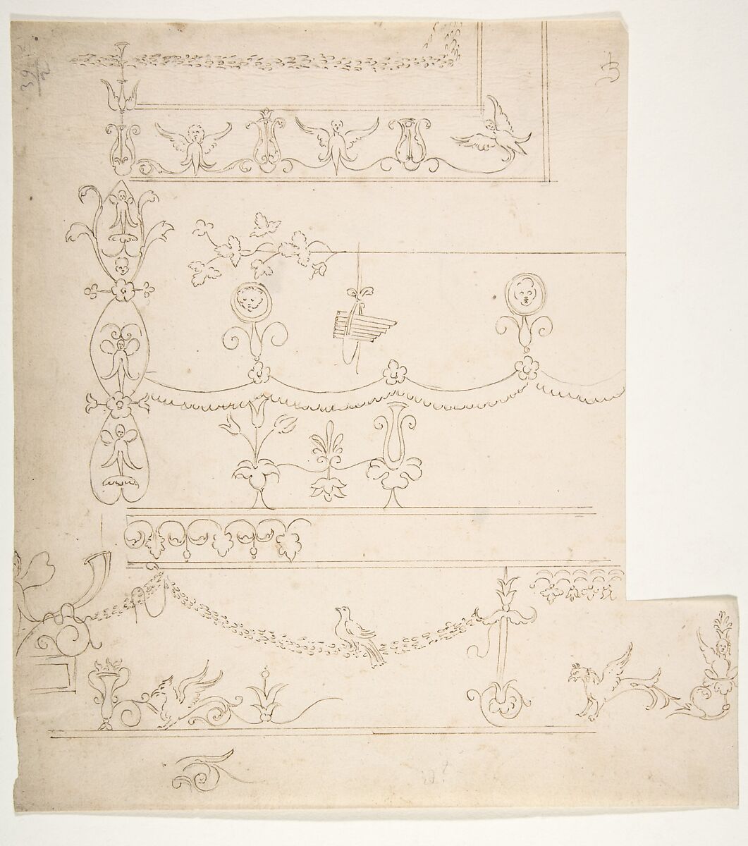 Domus Aurea, cryptoporticus, grostteschi, details (recto) blank (verso), Drawn by Anonymous, French, 16th century, Dark brown ink, black chalk, and incised lines 