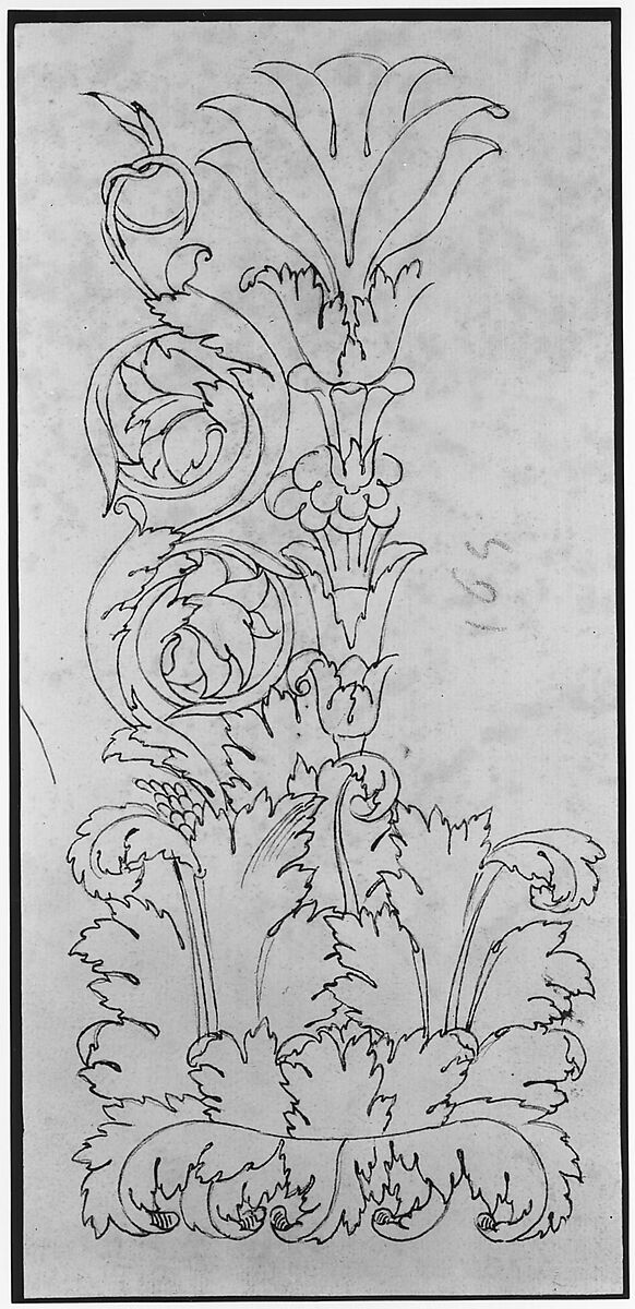 Ornamental drawings (recto) blank (verso), Drawn by Anonymous, French, 16th century, Dark brown ink, black chalk, and incised lines
