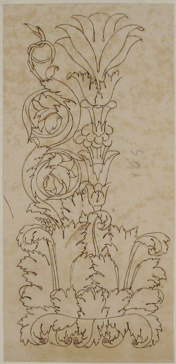 Ornamental drawings (recto) blank (verso), Drawn by Anonymous, French, 16th century, Dark brown ink, black chalk, and incised lines