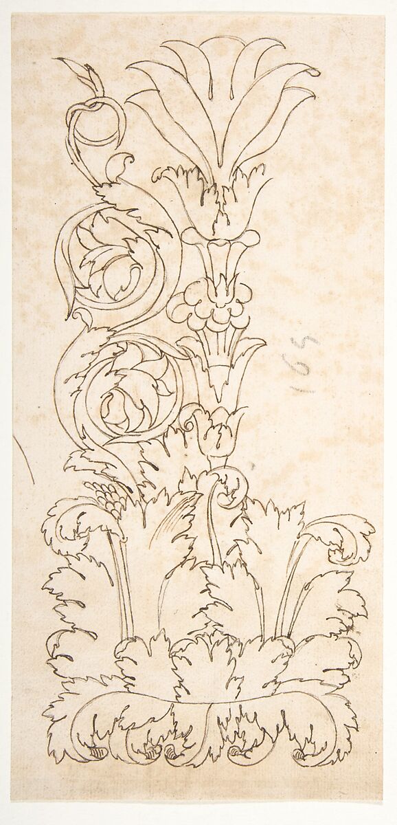 Ornamental drawings (recto) blank (verso), Drawn by Anonymous, French, 16th century, Dark brown ink, black chalk, and incised lines 