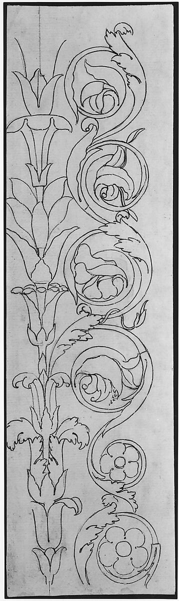Ornamental drawings (recto) blank (verso), Drawn by Anonymous, French, 16th century, Dark brown ink, black chalk, and incised lines