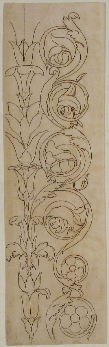 Ornamental drawings (recto) blank (verso), Drawn by Anonymous, French, 16th century, Dark brown ink, black chalk, and incised lines