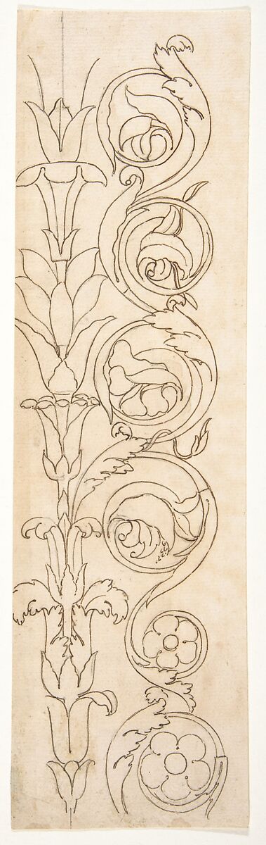 Ornamental drawings (recto) blank (verso), Drawn by Anonymous, French, 16th century, Dark brown ink, black chalk, and incised lines 