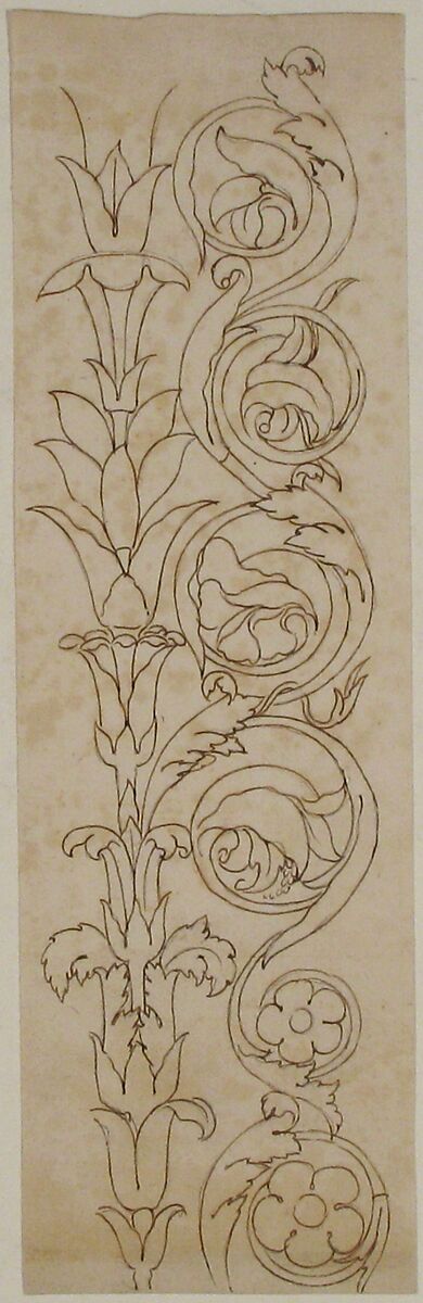 Ornamental drawings (recto) blank (verso), Drawn by Anonymous, French, 16th century, Dark brown ink, black chalk, and incised lines