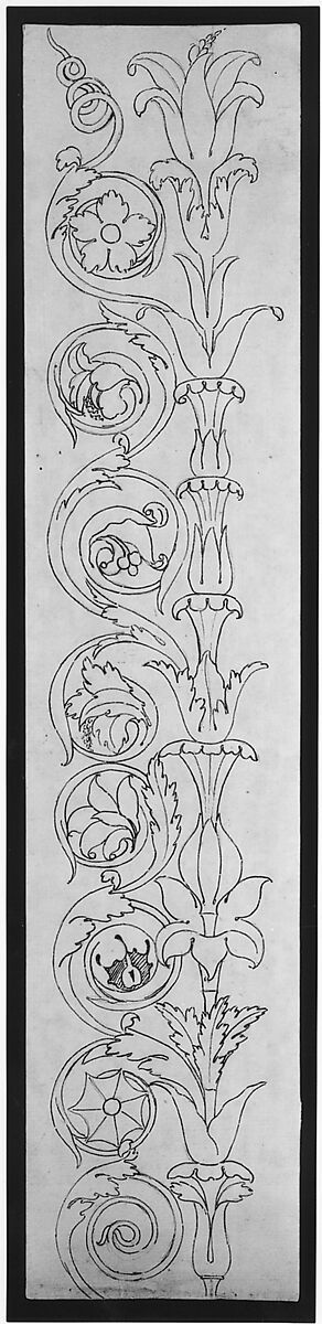 Ornamental drawings (recto) blank (verso), Drawn by Anonymous, French, 16th century, Dark brown ink, black chalk, and incised lines