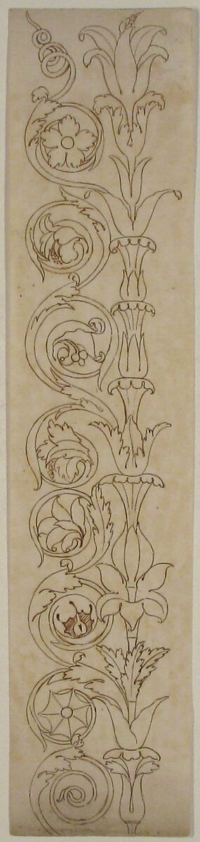 Ornamental drawings (recto) blank (verso), Drawn by Anonymous, French, 16th century, Dark brown ink, black chalk, and incised lines