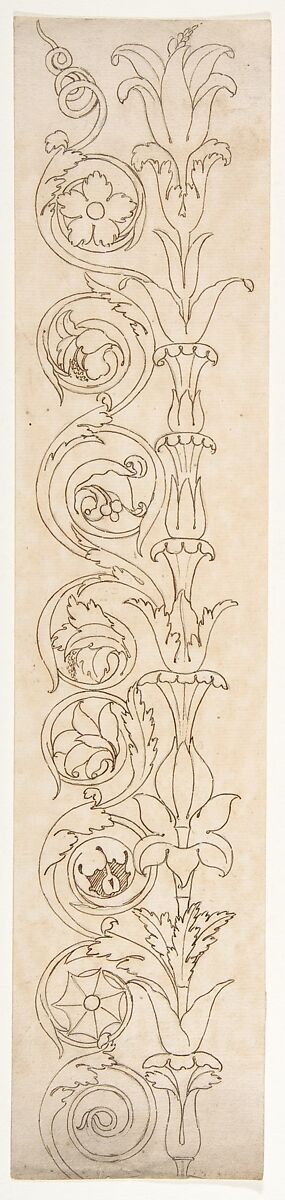 Ornamental drawings (recto) blank (verso), Drawn by Anonymous, French, 16th century, Dark brown ink, black chalk, and incised lines 