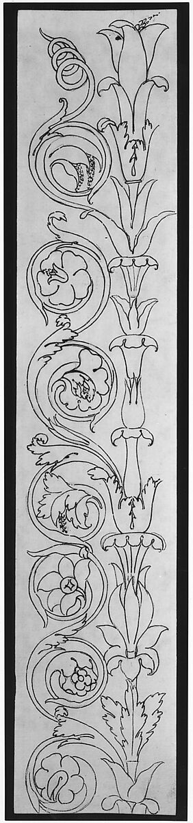 Ornamental drawings (recto) blank (verso), Drawn by Anonymous, French, 16th century, Dark brown ink, black chalk, and incised lines