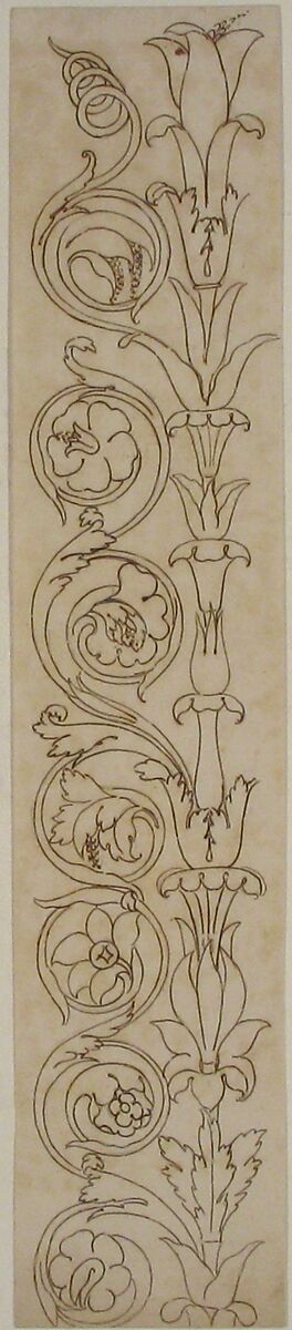 Ornamental drawings (recto) blank (verso), Drawn by Anonymous, French, 16th century, Dark brown ink, black chalk, and incised lines