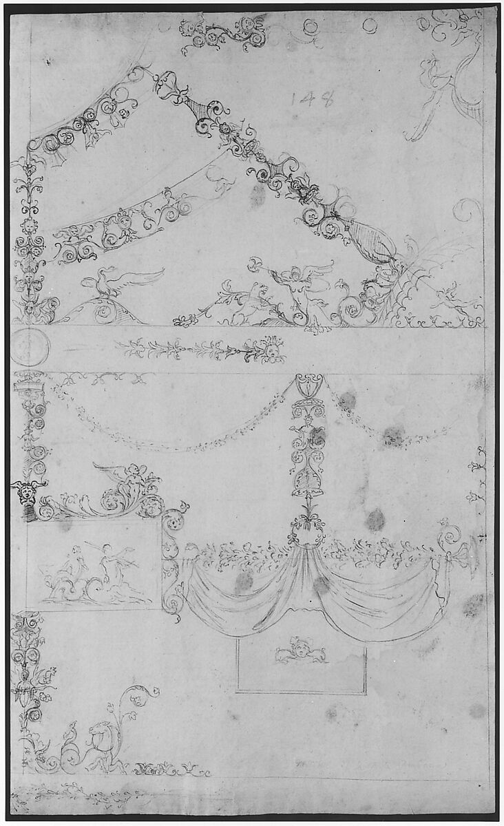 Domus Aurea, Volta Gialla, grotteschi, details (recto) Unidentified building, thermal window, elevation (verso), Drawn by Anonymous, French, 16th century, Dark brown ink, black chalk, and incised lines