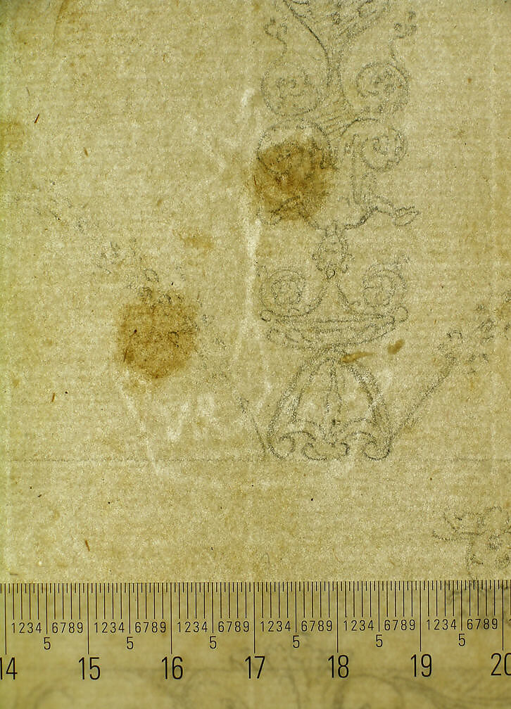 Domus Aurea, Volta Gialla, grotteschi, details (recto) Unidentified building, thermal window, elevation (verso), Drawn by Anonymous, French, 16th century, Dark brown ink, black chalk, and incised lines