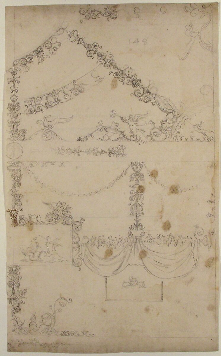 Domus Aurea, Volta Gialla, grotteschi, details (recto) Unidentified building, thermal window, elevation (verso), Drawn by Anonymous, French, 16th century, Dark brown ink, black chalk, and incised lines