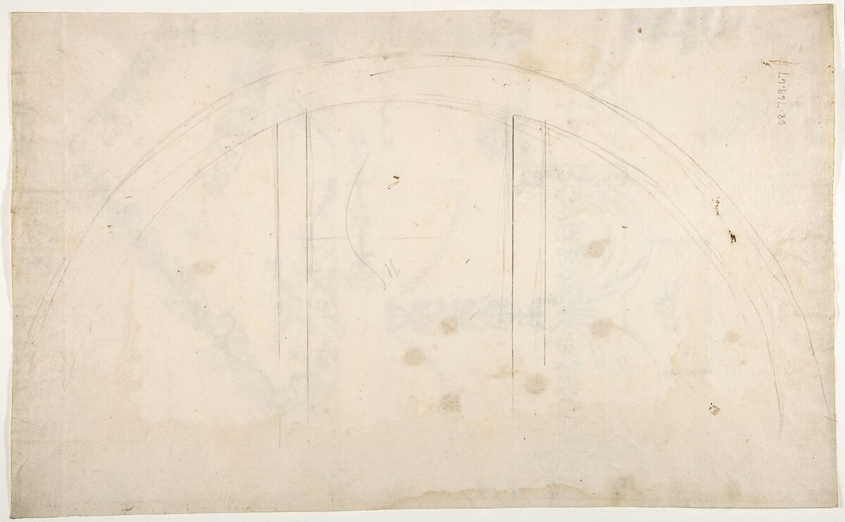 Domus Aurea, Volta Gialla, grotteschi, details (recto) Unidentified building, thermal window, elevation (verso), Drawn by Anonymous, French, 16th century, Dark brown ink, black chalk, and incised lines