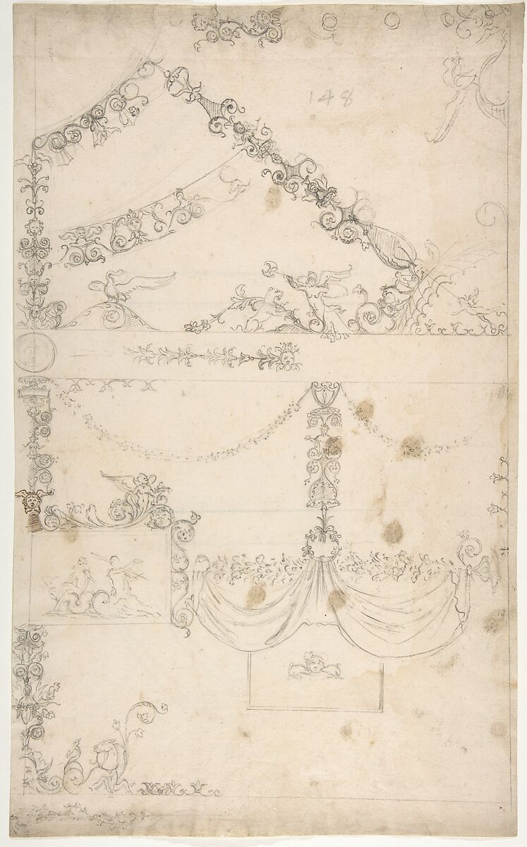 Domus Aurea, Volta Gialla, grotteschi, details (recto) Unidentified building, thermal window, elevation (verso), Anonymous, French, 16th century  French, Dark brown ink, black chalk, and incised lines