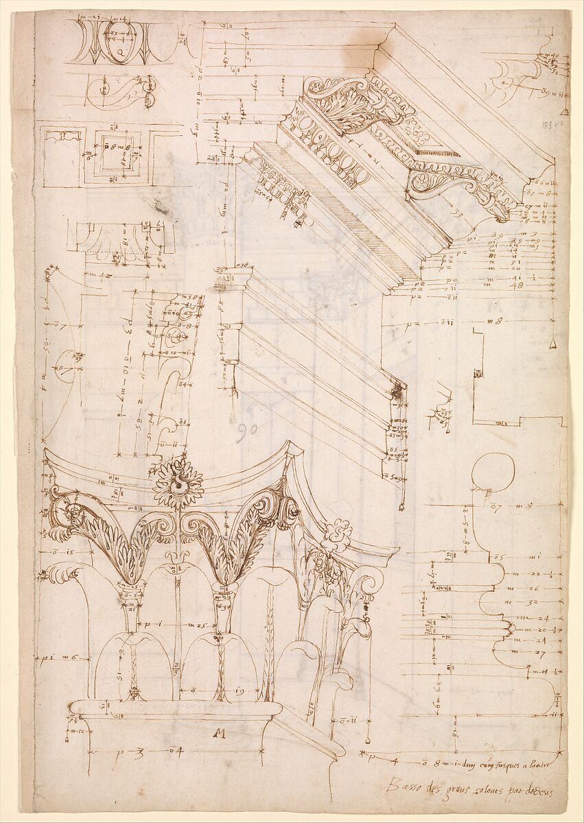 Pantheon, entablature and column pilaster capital, projection; rosette, details; capital profile; base, profile; pilaster, plan (recto) Pantheon, rectangular niche, perspective (verso), Drawn by Anonymous, French, 16th century, Dark brown ink, black chalk, and incised lines