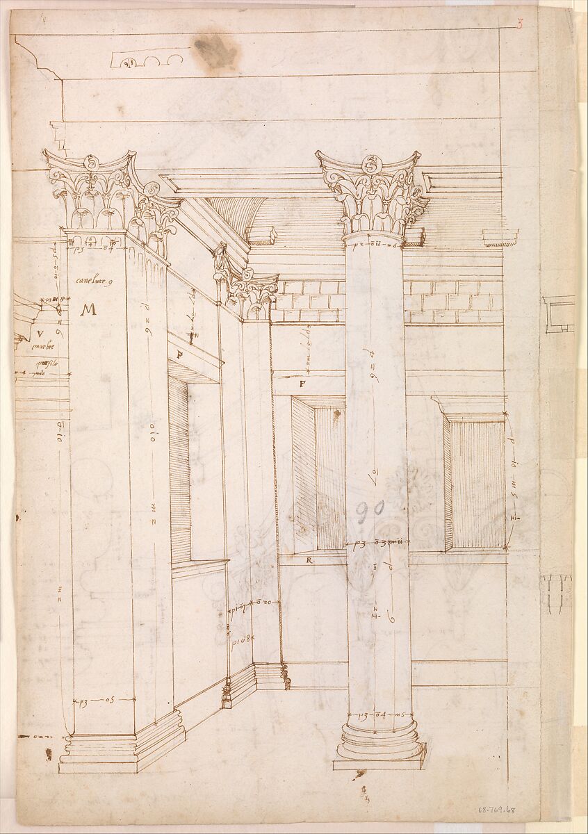 Pantheon, entablature and column pilaster capital, projection; rosette, details; capital profile; base, profile; pilaster, plan (recto) Pantheon, rectangular niche, perspective (verso), Drawn by Anonymous, French, 16th century, Dark brown ink, black chalk, and incised lines