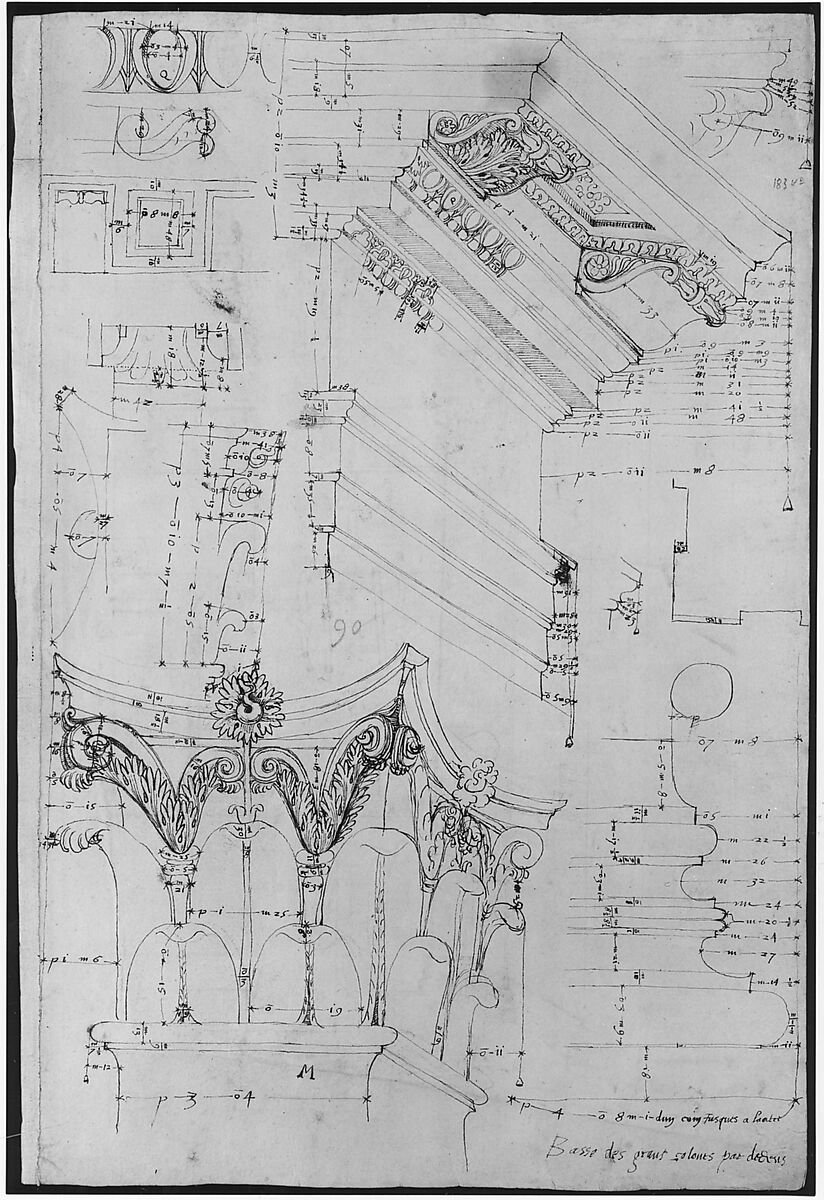 Pantheon, entablature and column pilaster capital, projection; rosette, details; capital profile; base, profile; pilaster, plan (recto) Pantheon, rectangular niche, perspective (verso), Anonymous, French, 16th century  French, Dark brown ink, black chalk, and incised lines