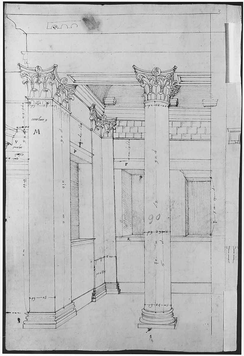 Pantheon, entablature and column pilaster capital, projection; rosette, details; capital profile; base, profile; pilaster, plan (recto) Pantheon, rectangular niche, perspective (verso), Drawn by Anonymous, French, 16th century, Dark brown ink, black chalk, and incised lines