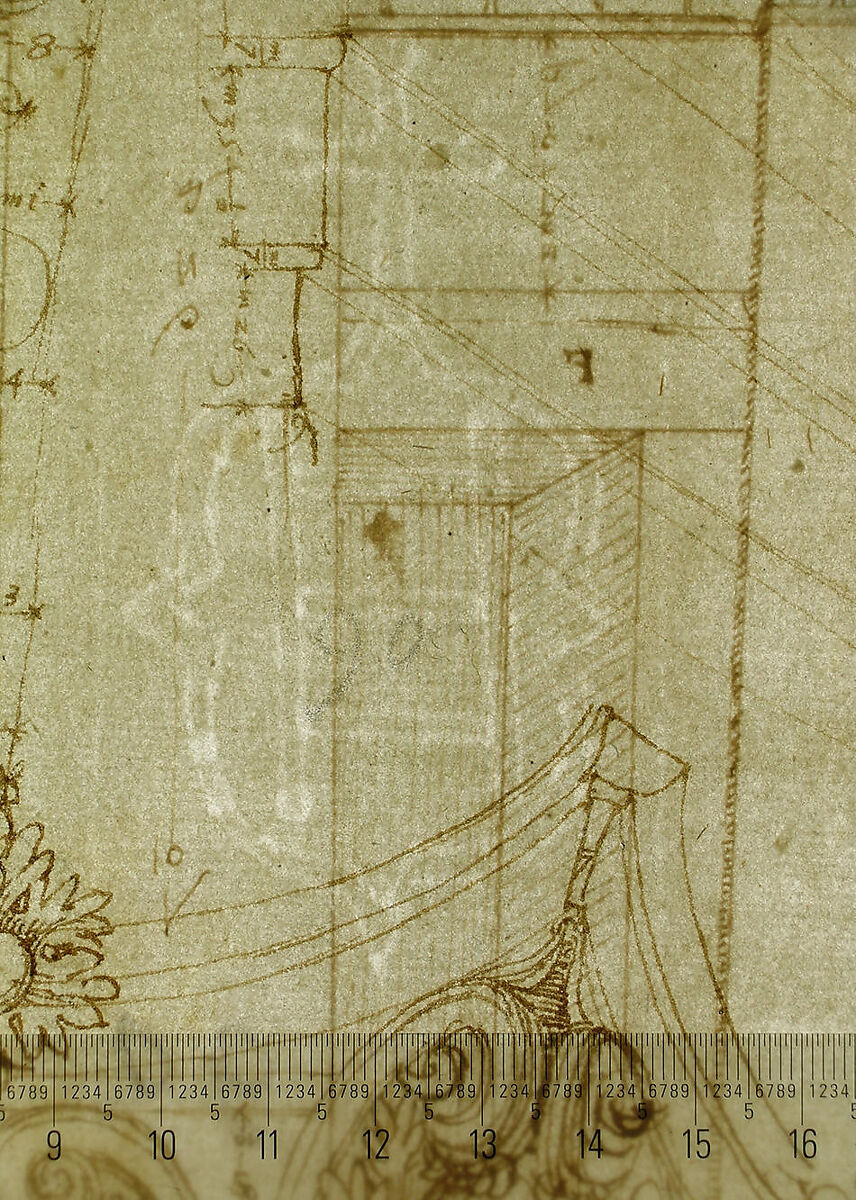 Pantheon, entablature and column pilaster capital, projection; rosette, details; capital profile; base, profile; pilaster, plan (recto) Pantheon, rectangular niche, perspective (verso), Drawn by Anonymous, French, 16th century, Dark brown ink, black chalk, and incised lines
