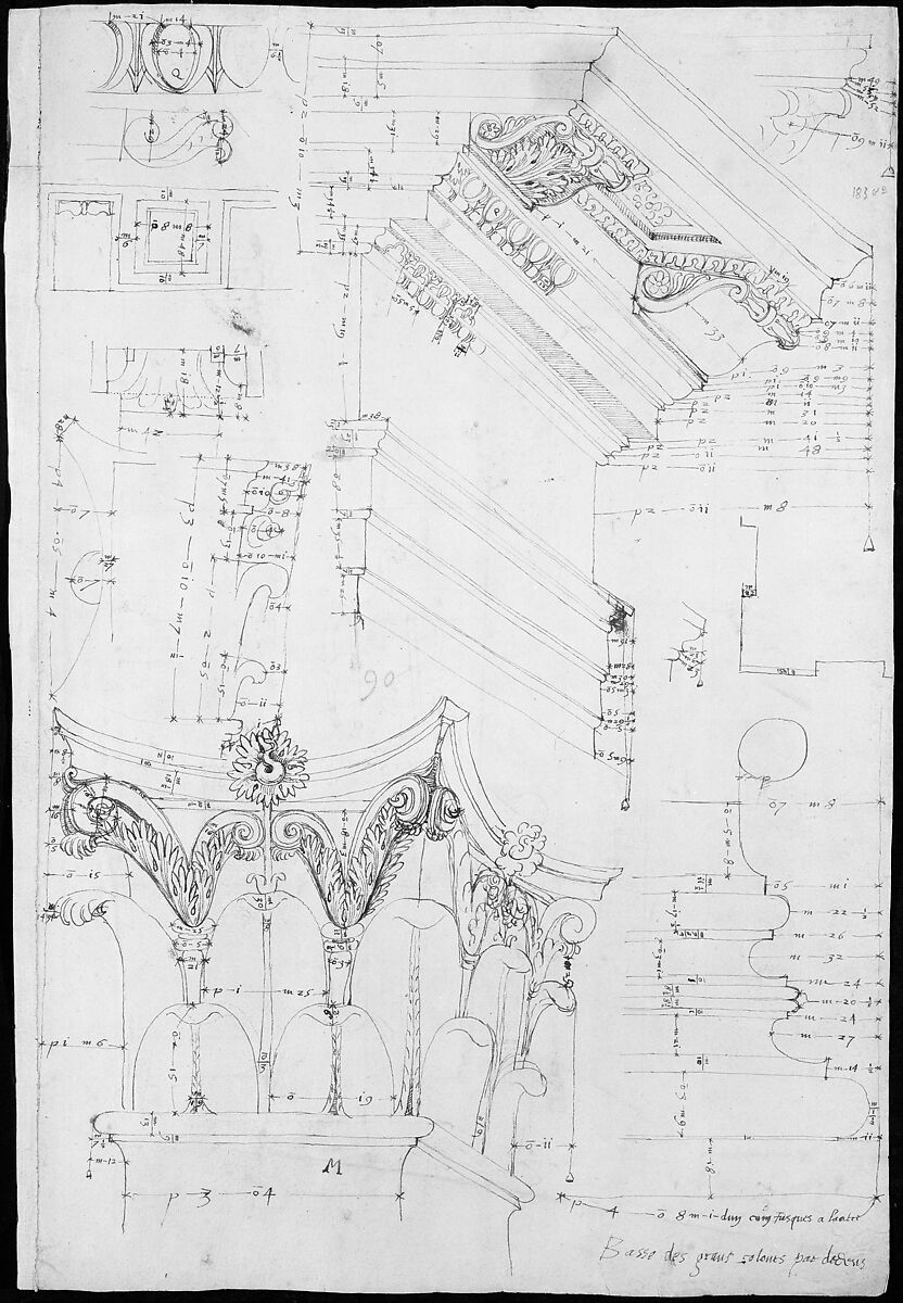 Pantheon, entablature and column pilaster capital, projection; rosette, details; capital profile; base, profile; pilaster, plan (recto) Pantheon, rectangular niche, perspective (verso), Drawn by Anonymous, French, 16th century, Dark brown ink, black chalk, and incised lines